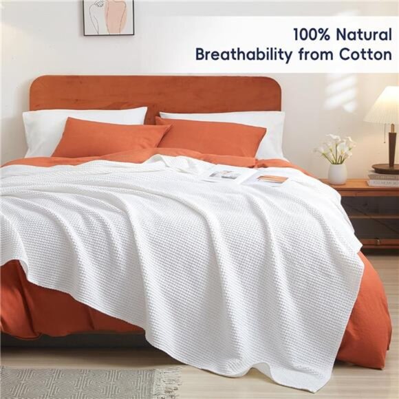 100% Cotton Waffle Weave Blanket Queen Size 90"x90"-Lightweight Cozy Washed Soft - Picture 4 of 7